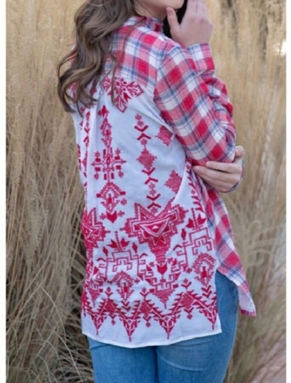 Johnny Was 3J Misha Embroidered Back Shirt Women's Medium Silk Gauzey Flannel